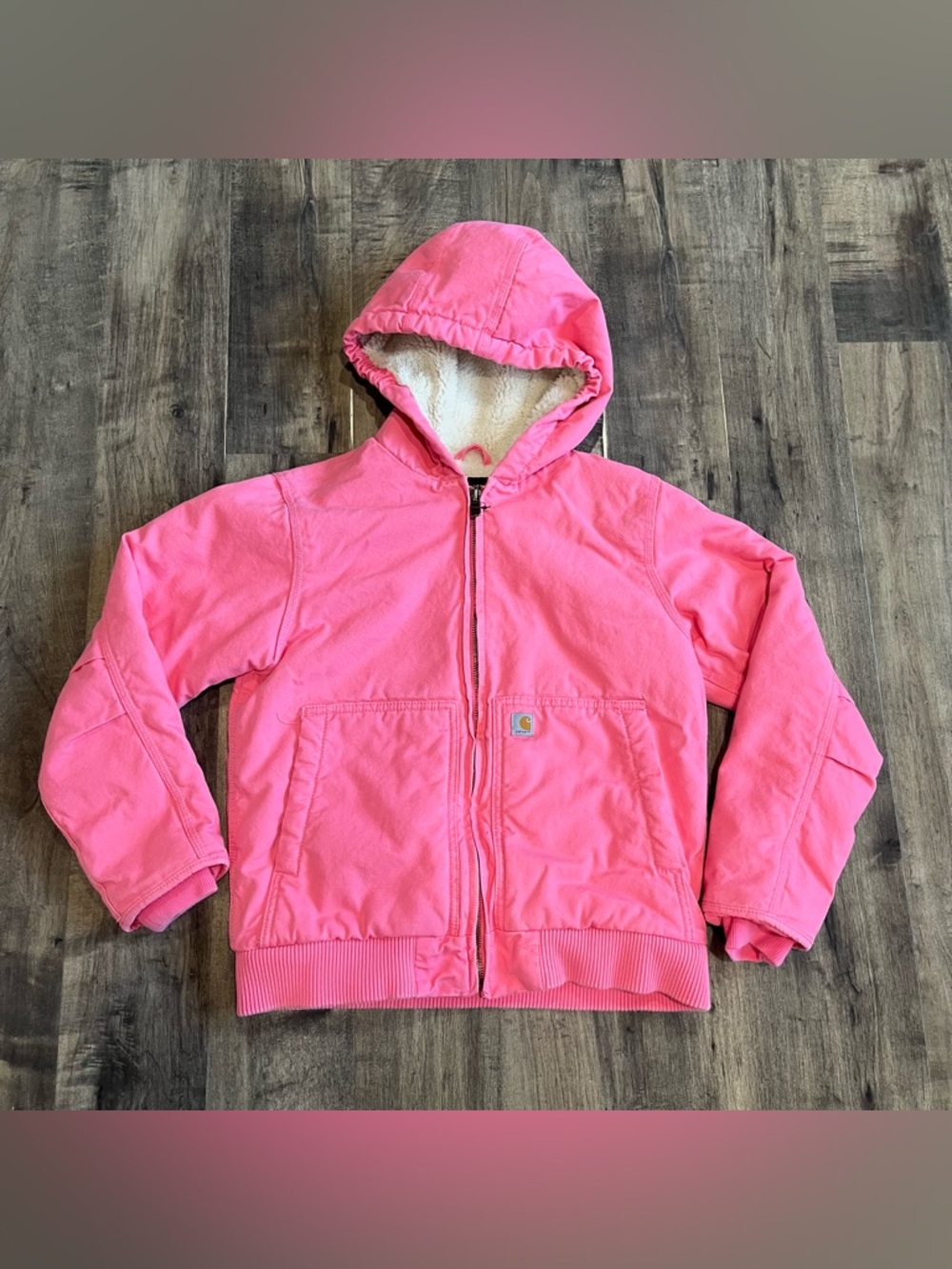 Carhartt Kids Pink canvas Hooded Sherpa Lined Jacket Size Large Youth 14
